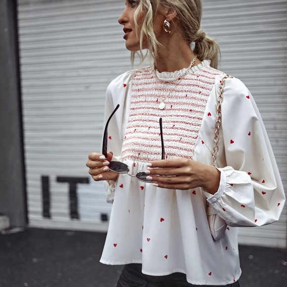 black heart print ruffle long sleeve top - Picture 5 of 15